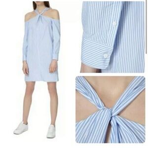 Rag & Bone seersucker blue long sleeve keyhole cold shoulder shift dress L